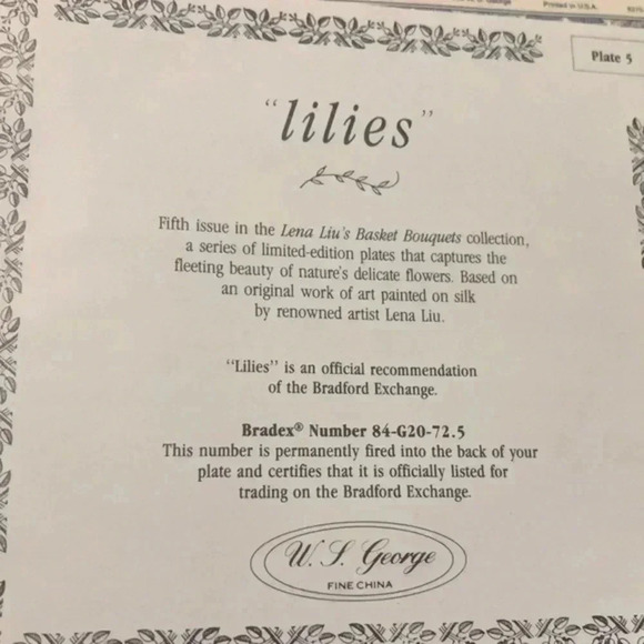 Lillies by Lena Liu collector plate 1993‎ basket bouquets - Picture 4 of 6